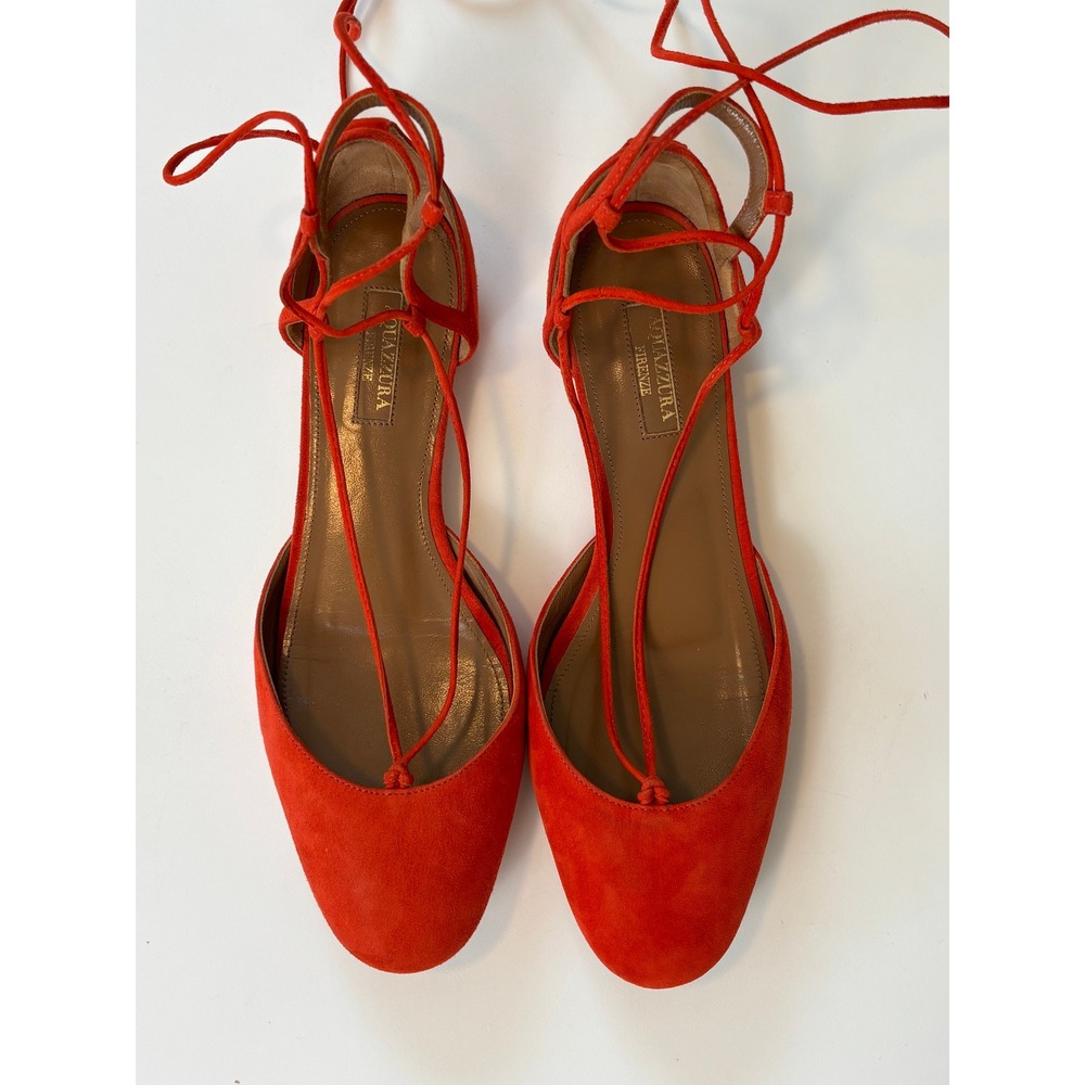 Aquazzura Christy Lace Up Flats Red Womens‎ 39 Suede Pointed Toe Gold Heel